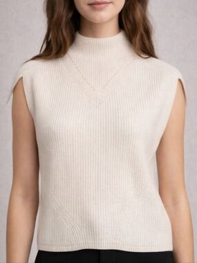 Quiet Luxury C by Bloomingdale's Cashmere Sweater Vest Ivory Ribbed Mock Neck XS
